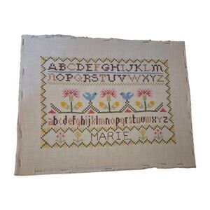 Vintage Completed Cross Stitich Alphabet Sampler Handmade Floral Folk Art Marie